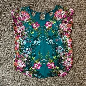 LC Lauren Conrad M Womens Green Teal Floral Shirt Keyhole Back Blouse Top Medium